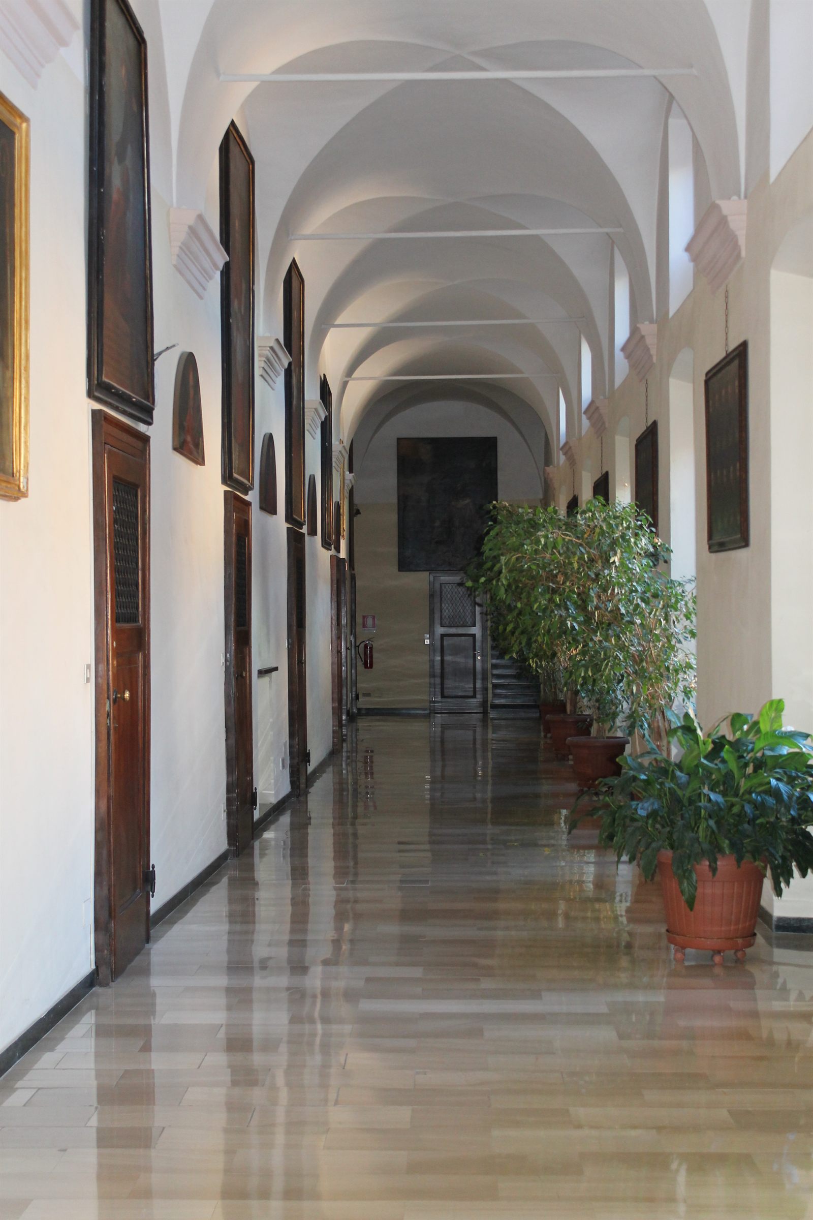 Corridoio voltato del Collegio con dipinti antichi e piante